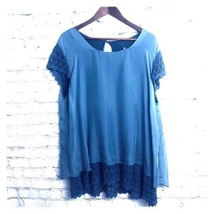 Elegant Italian Blue Lace Trim Blouse 3X